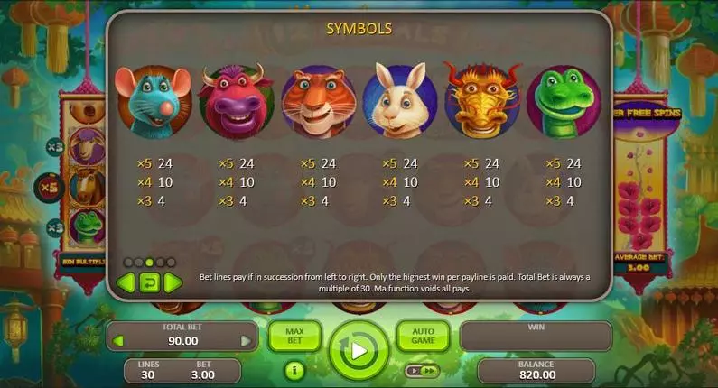 Paytable - 12 Animals Booongo Fixed Lines 