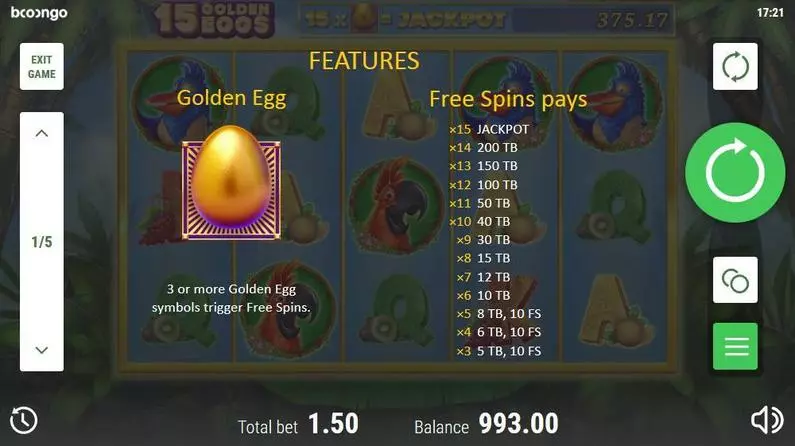 Free Spins Feature - 15 Golden Eggs Booongo  