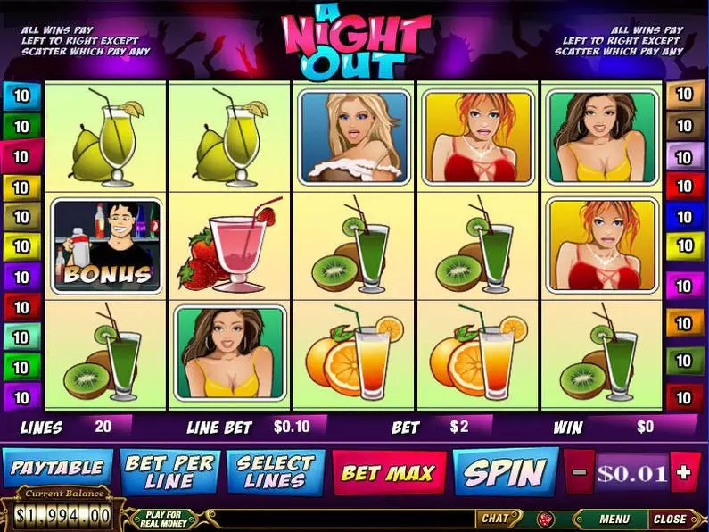 Main Screen Reels - A Night Out PlayTech Extra Bet 