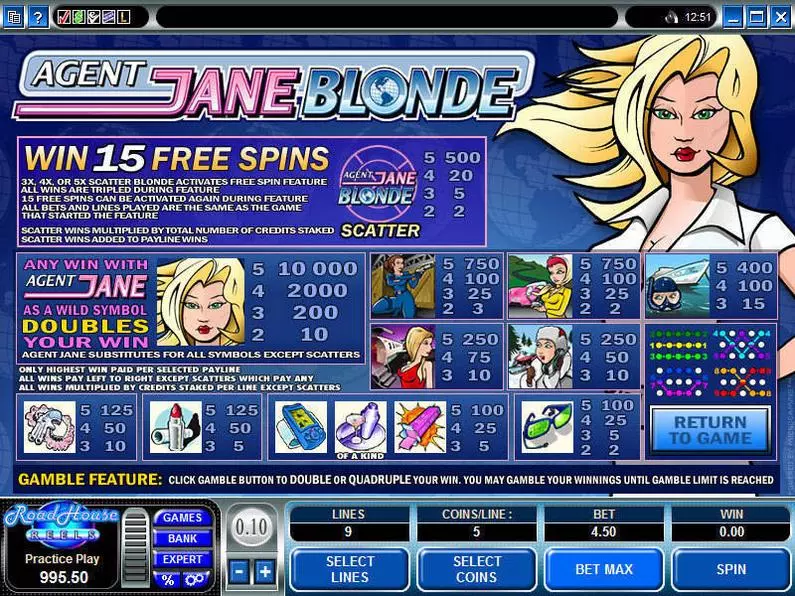 Info and Rules - Agent Jane Blonde Microgaming Video 