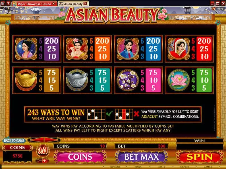 Info and Rules - Asian Beauty Microgaming Coin Based 