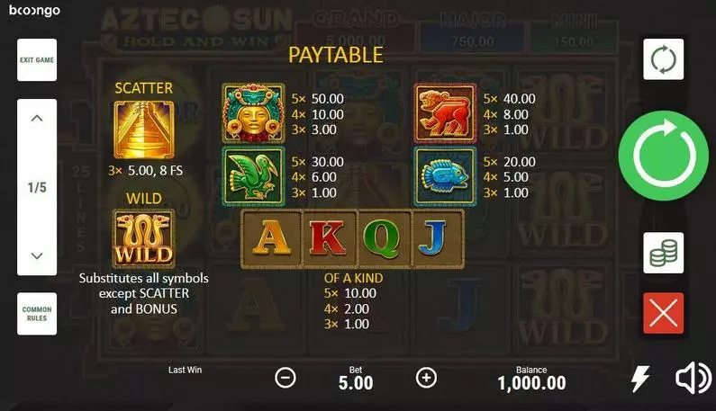Paytable - Aztec Sun Booongo Hold and Win 