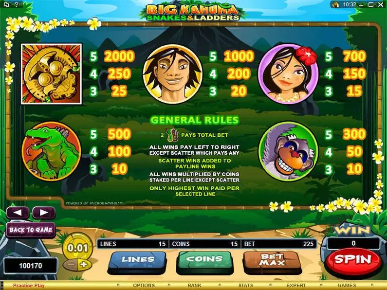 Info and Rules - Big Kahuna - Snakes and Ladders Microgaming Coin Based 