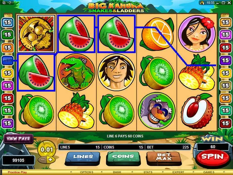 Main Screen Reels - Big Kahuna - Snakes and Ladders Microgaming Coin Based 