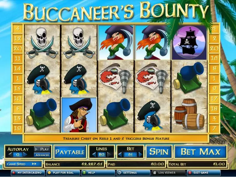 Main Screen Reels - Buccaneer's Bounty 20 Lines CryptoLogic Video 