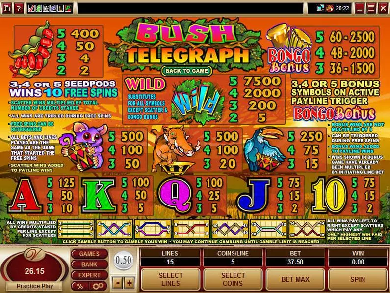 Info and Rules - Bush Telegraph Microgaming Video 