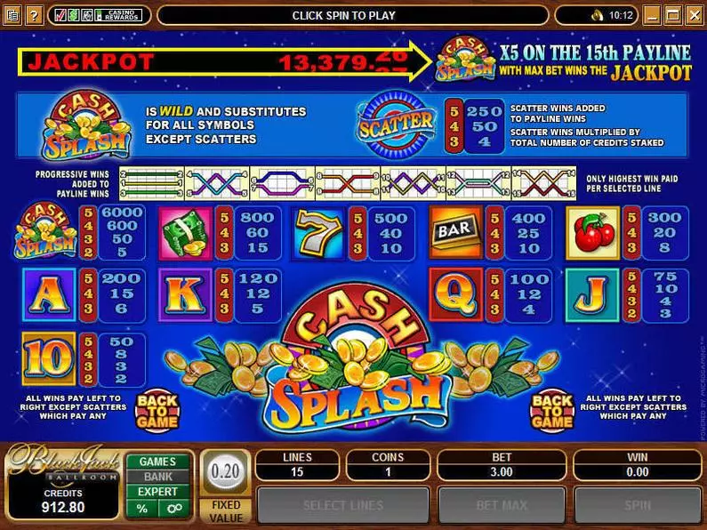 Info and Rules - Cash Splash 5-Reels Microgaming Video 