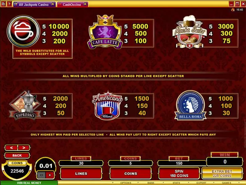 Info and Rules - CashOccino Microgaming Video 