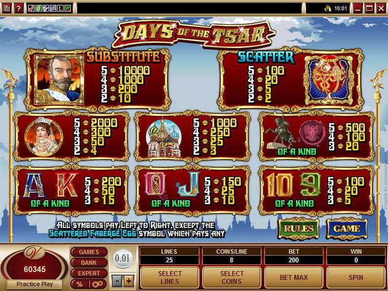 Info and Rules - Days of the Tsar Microgaming Video 