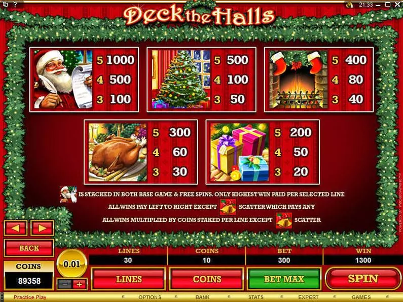 Info and Rules - Deck the Halls Microgaming Coin Based 