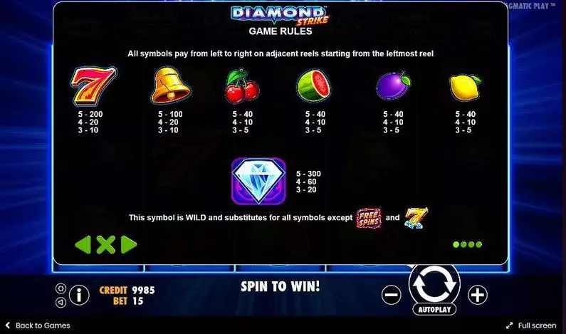 Paytable - Diamond Strike Pragmatic Play  