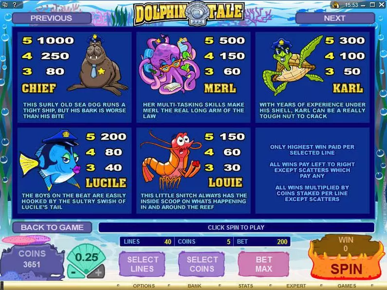 Info and Rules - Dolphin Tale Microgaming Coin Based 