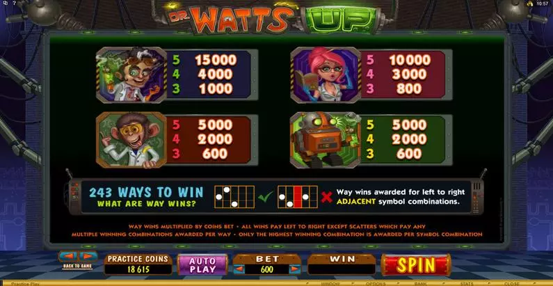 Info and Rules - Dr. Watts Up Microgaming 243 Ways 