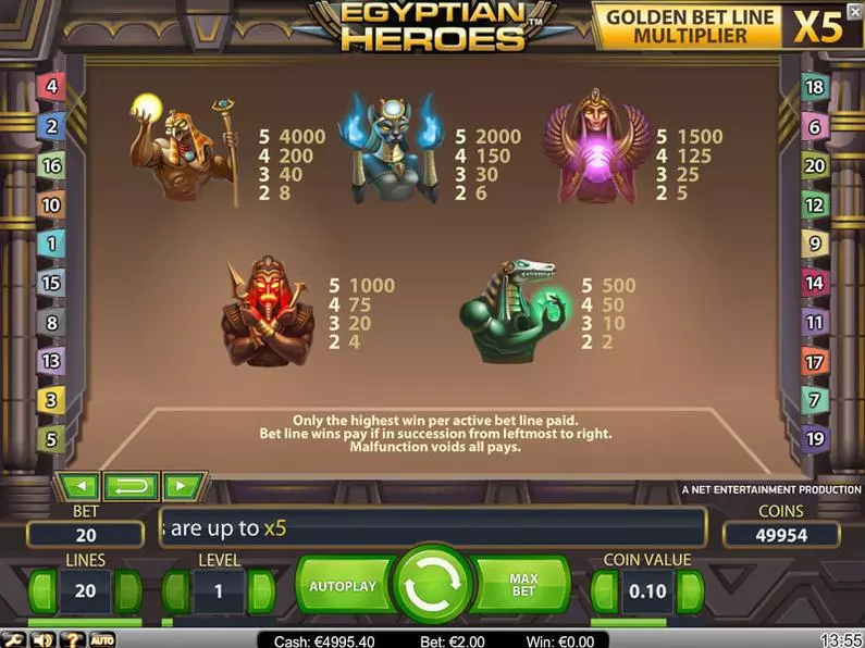 Info and Rules - Egyptian Heroes NetEnt Video 