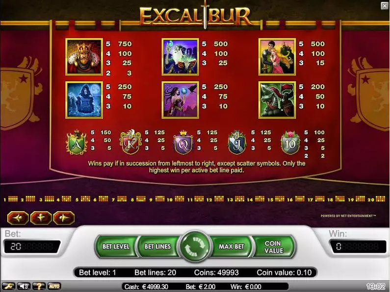 Info and Rules - Excalibur NetEnt Video 