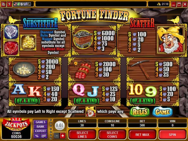 Info and Rules - Fortune Finder Microgaming Coin Based 