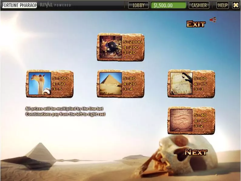 Info and Rules - Fortune of the Pharaos Sheriff Gaming 3D Slot 