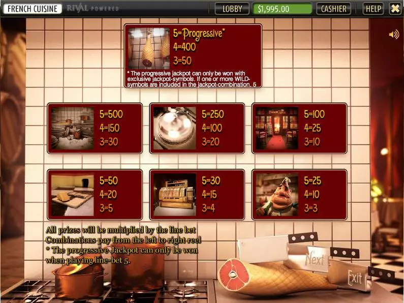 Info and Rules - French Cuisine Sheriff Gaming 3D Slot 