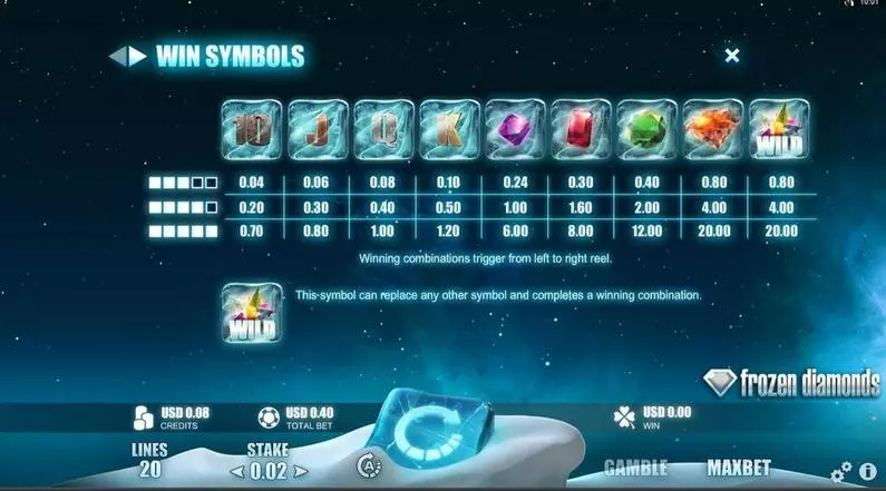 Info and Rules - Frozen Diamonds Microgaming Fixed Lines 