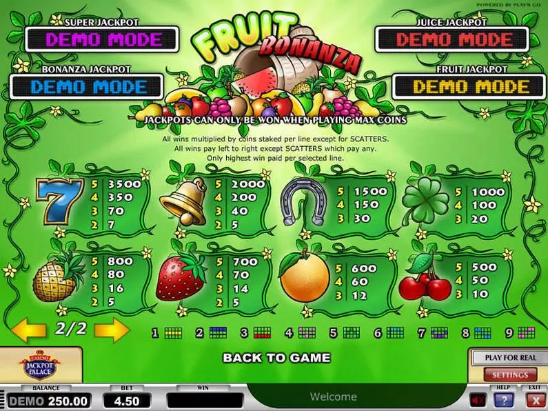 Info and Rules - Fruit Bonanza Play'n GO  