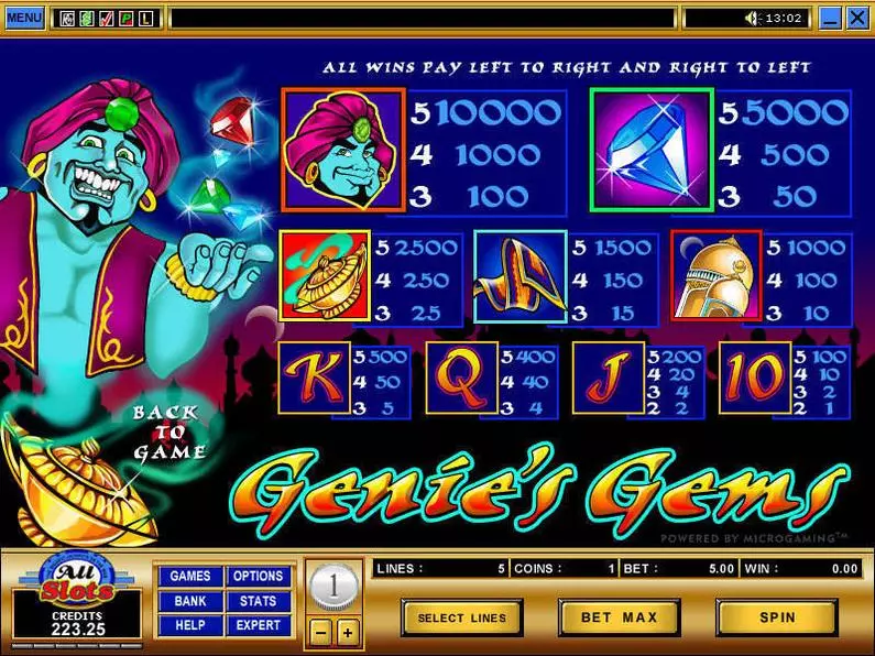 Info and Rules - Genie's Gems Microgaming Video 