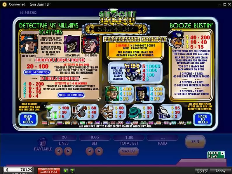 Info and Rules - Gin Joint Jackpot 888 Video 