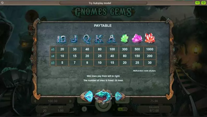 Info and Rules - Gnomes' Gems Booongo 3D Slot 