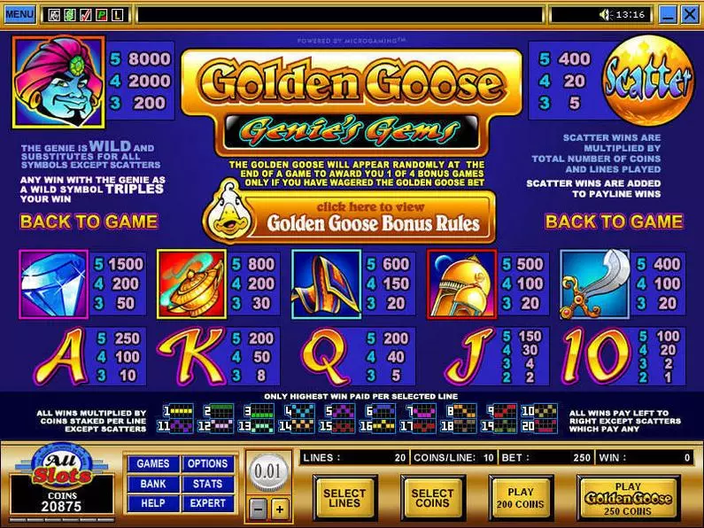 Info and Rules - Golden Goose - Genie's Gems Microgaming Coin Based 