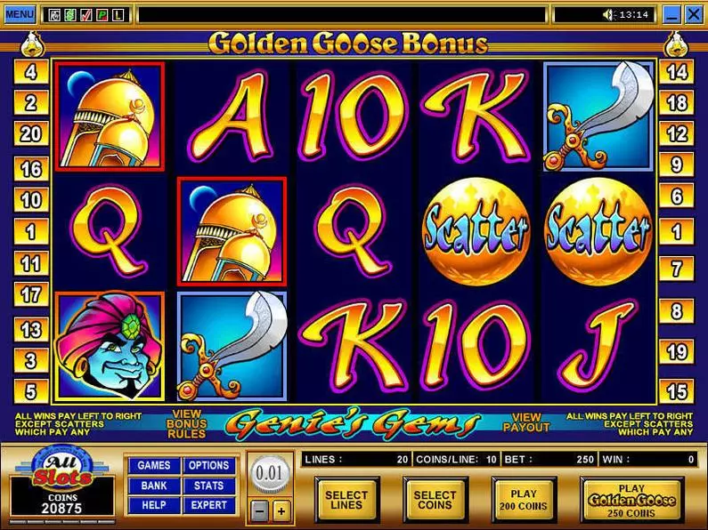 Main Screen Reels - Golden Goose - Genie's Gems Microgaming Coin Based 