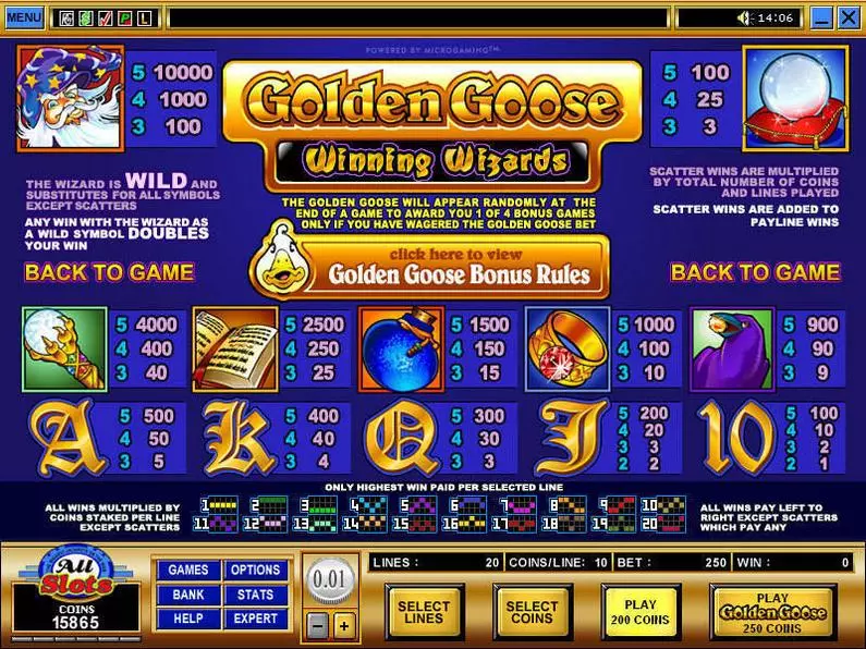 Info and Rules - Golden Goose - Winning Wizards Microgaming Coin Based 