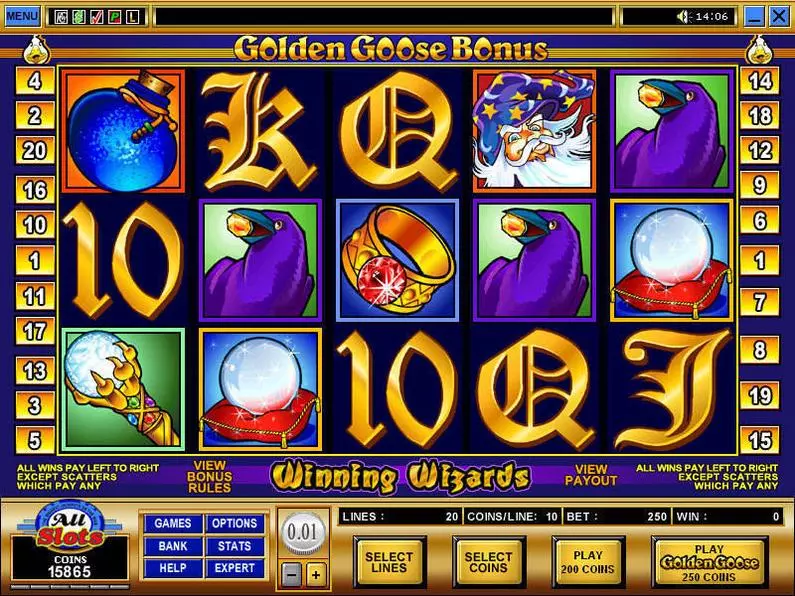 Main Screen Reels - Golden Goose - Winning Wizards Microgaming Coin Based 