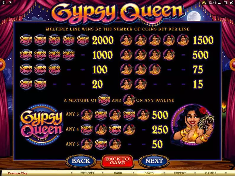 Info and Rules - Gypsy Queen Microgaming Coin Based 