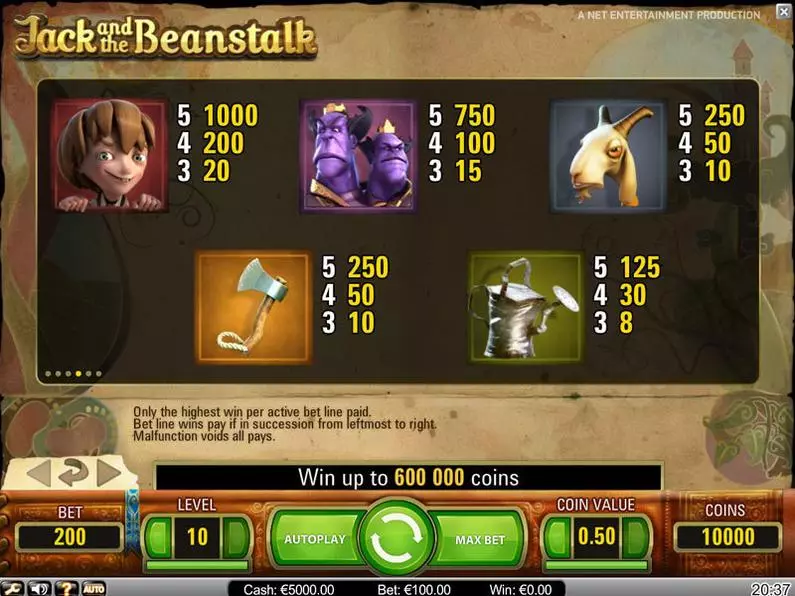 Info and Rules - Jack and the Beanstalk NetEnt 3D Slot 