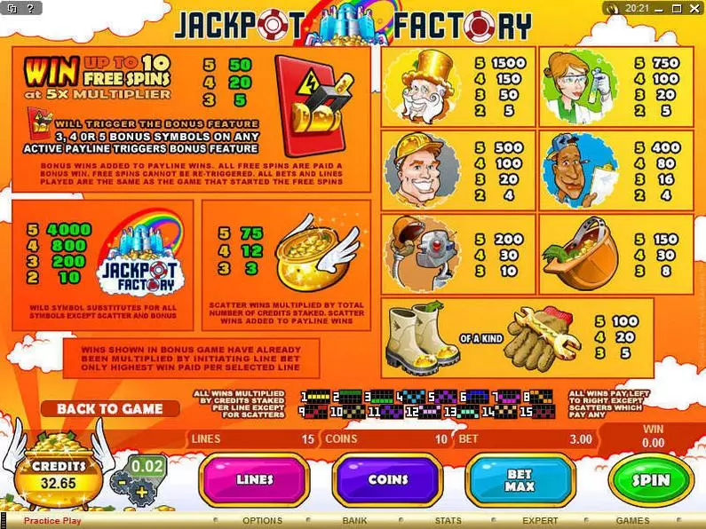 Info and Rules - Jackpot Factory Microgaming Video 