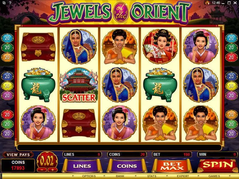 Main Screen Reels - Jewels of the Orient Microgaming Coin Based 