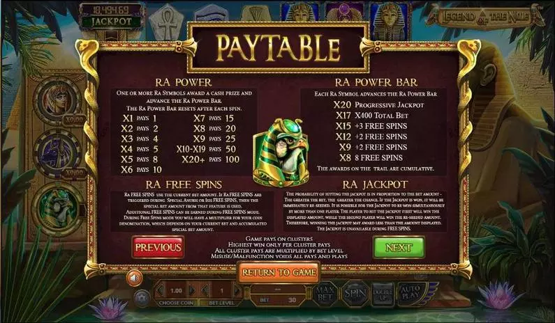 Paytable - Legend of the Nile BetSoft Cascading Reels ToGo TM