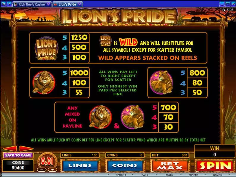 Info and Rules - Lion's Pride Microgaming Coin Based 