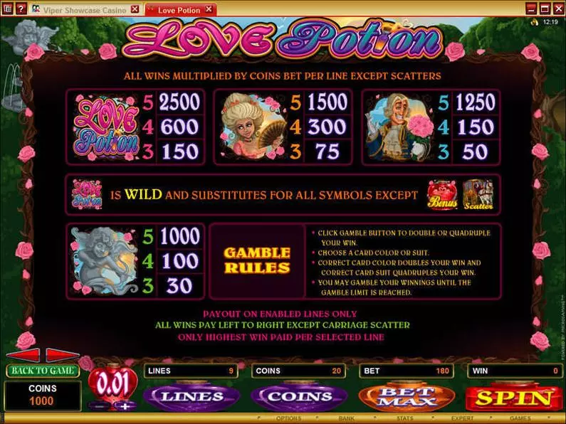 Info and Rules - Love Potion Microgaming Coin Based 