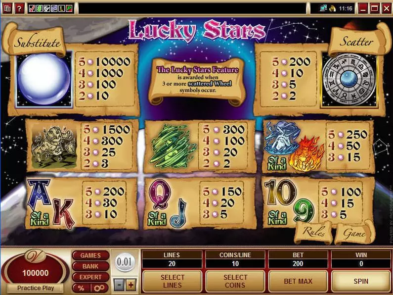 Info and Rules - Lucky Stars Microgaming Coin Based 
