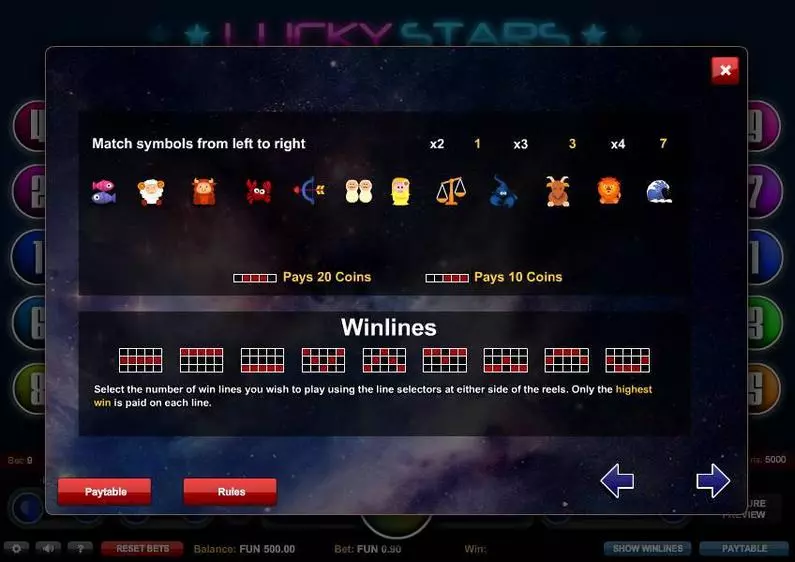 Paytable - Lucky Stars 1x2 Gaming  