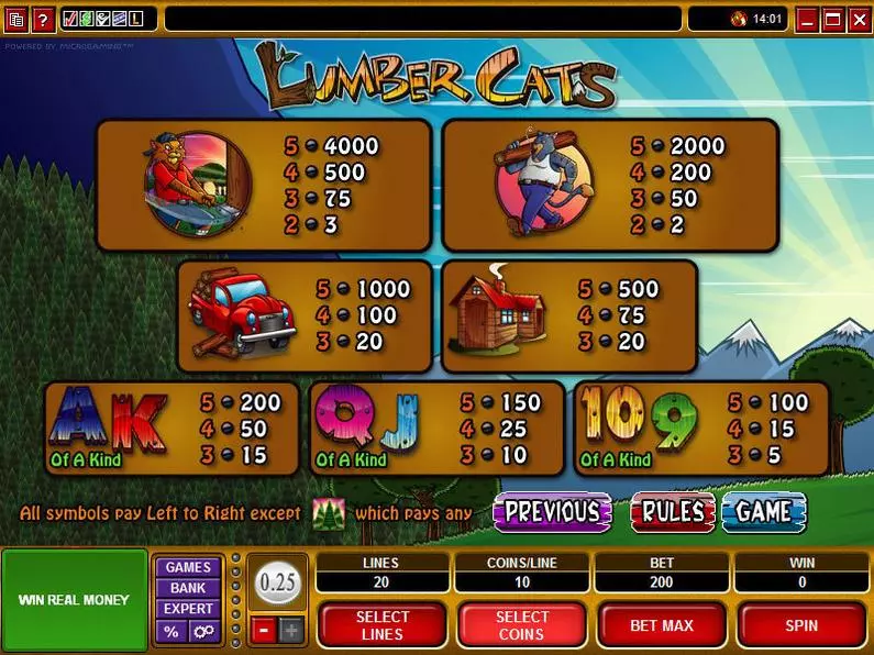 Info and Rules - Lumber Cats Microgaming Coin Based 