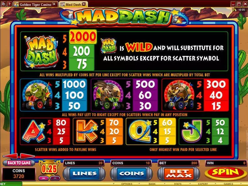 Info and Rules - Mad Dash Microgaming Coin Based 