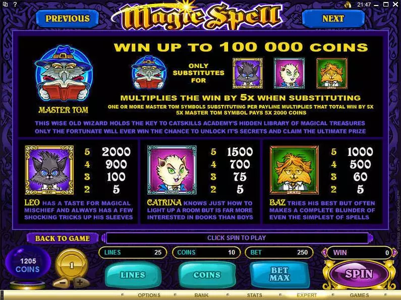 Info and Rules - Magic Spell Microgaming Coin Based 