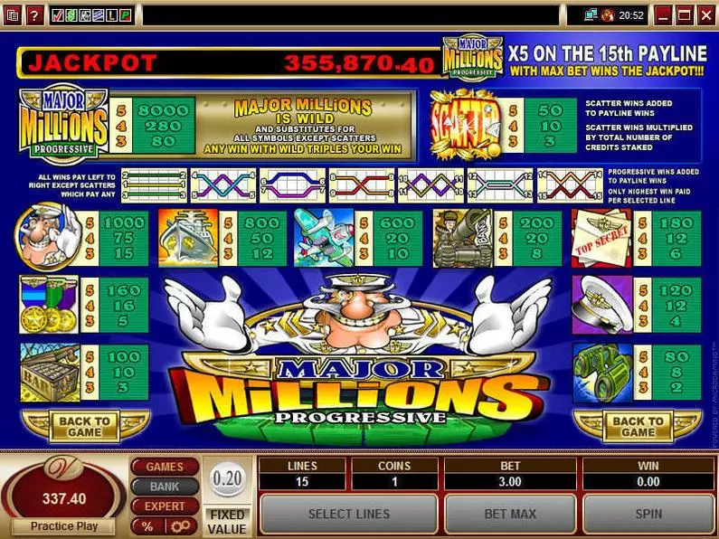 Info and Rules - Major Millions 5-Reels Microgaming Video 