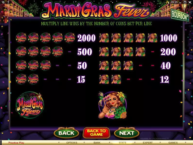Info and Rules - Mardi Gras Fever Microgaming Coin Based 