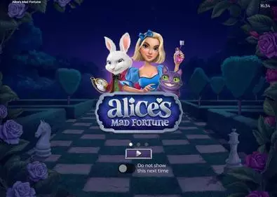 Introduction Screen - Alice's Mad Fortune Armadillo Studios 5 Reel/10 Line