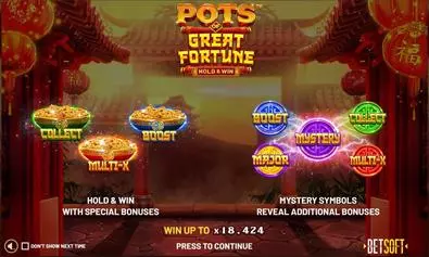 Introduction Screen - Pots of Great Fortune - Hold & Win BetSoft 5 Reel/25 Line