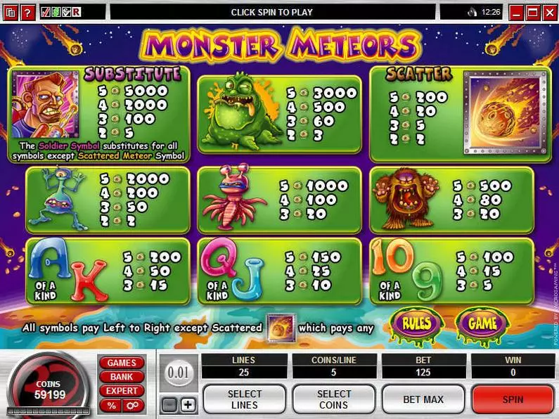 Info and Rules - Monster Meteors Microgaming Video 