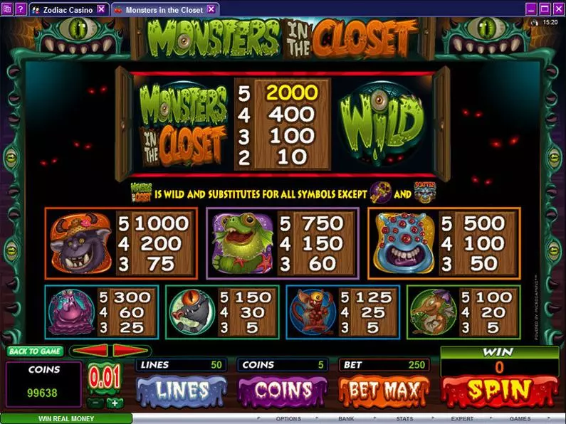Info and Rules - Monsters in the Closet Microgaming Coin Based 