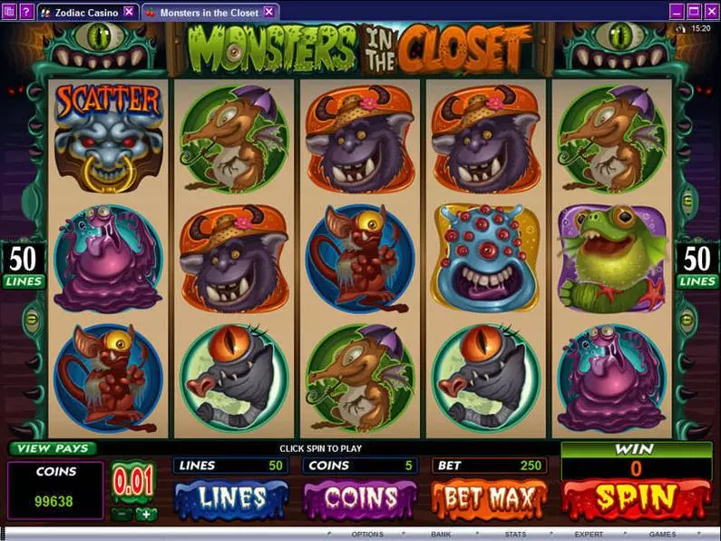Main Screen Reels - Monsters in the Closet Microgaming Coin Based 